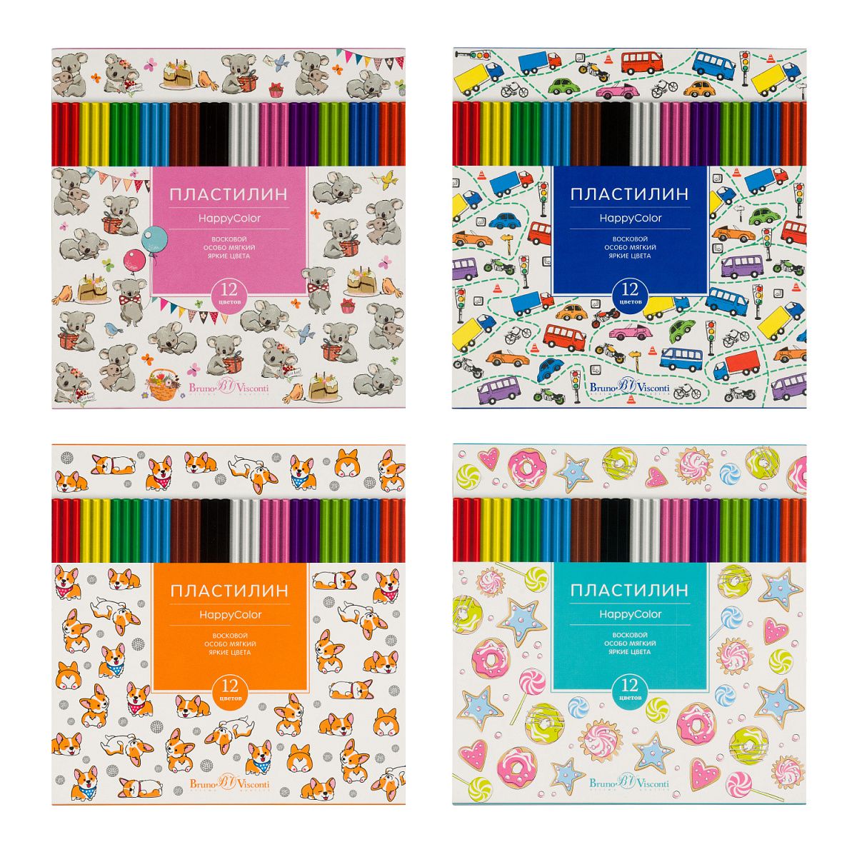 Пластилин 12цв 250гр. Happycolor, восковой