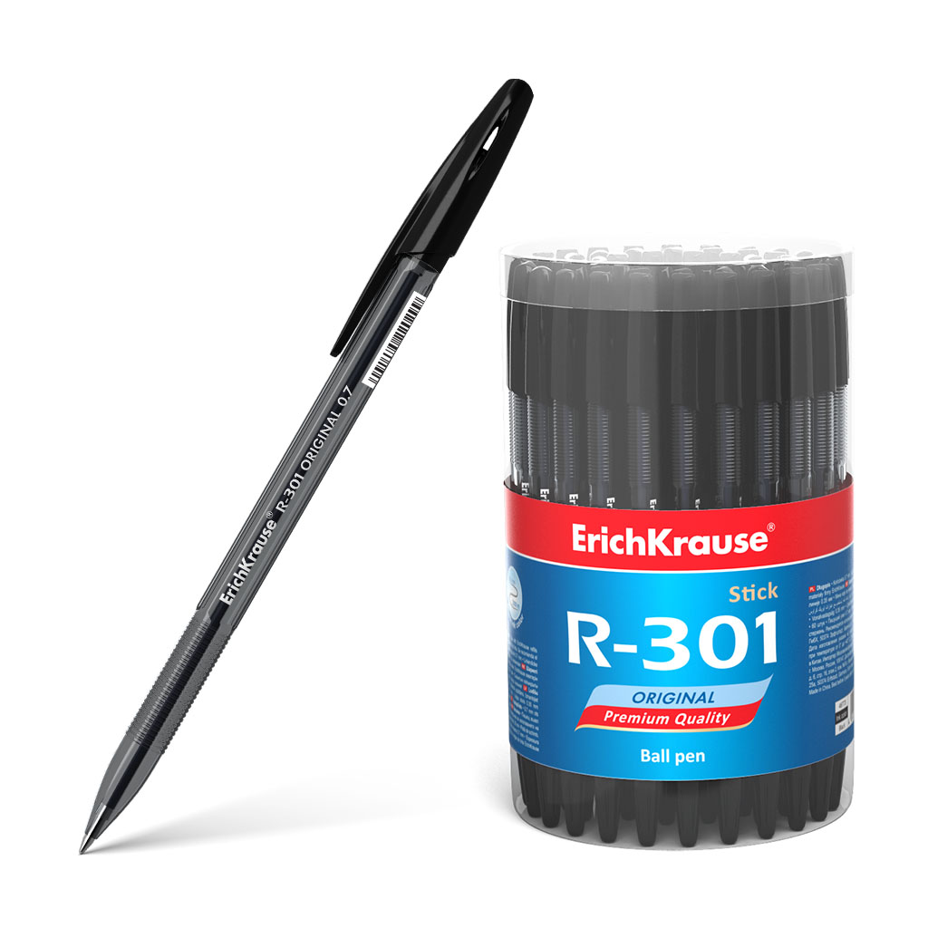 Ручка шариковая ErichKrause R-301 Stick Original 0.7, цвет чернил черный (в тубусе по 60 шт.)