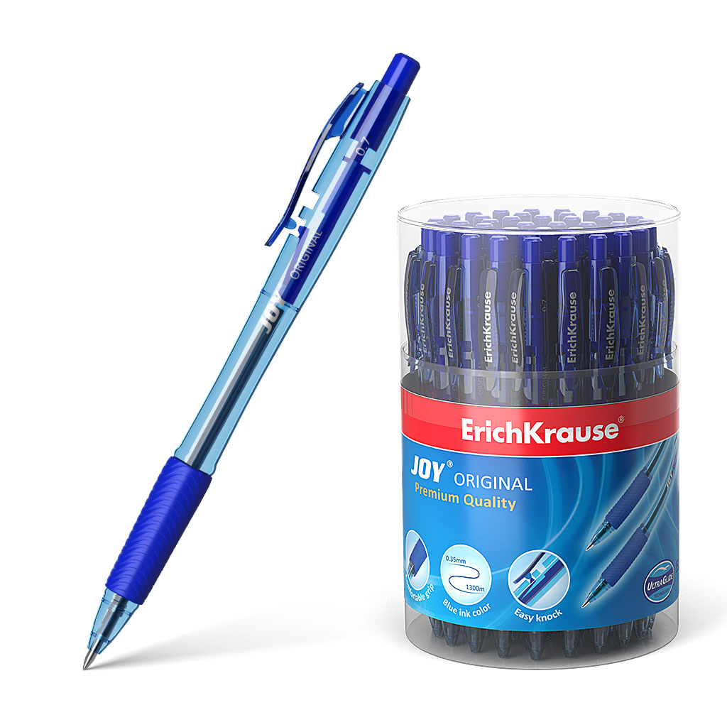 Ручка шариковая автоматическая ErichKrause JOY® Matic&Grip Original 0.7, Super Glide Technology, цвет чернил синий (в тубусе по 50 шт.)