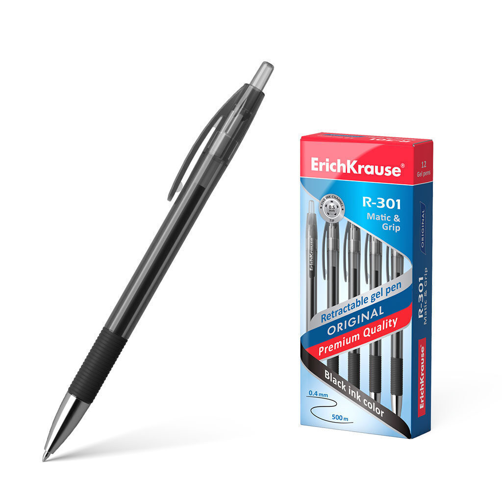 Ручка гелевая EK R-301 ORIGINAL Matic Grip черная, автомат., 0,5мм