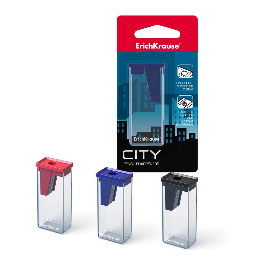 Точилка пластиковая ErichKrause City, с контейнером, ассорти (в коробке по 36 шт)