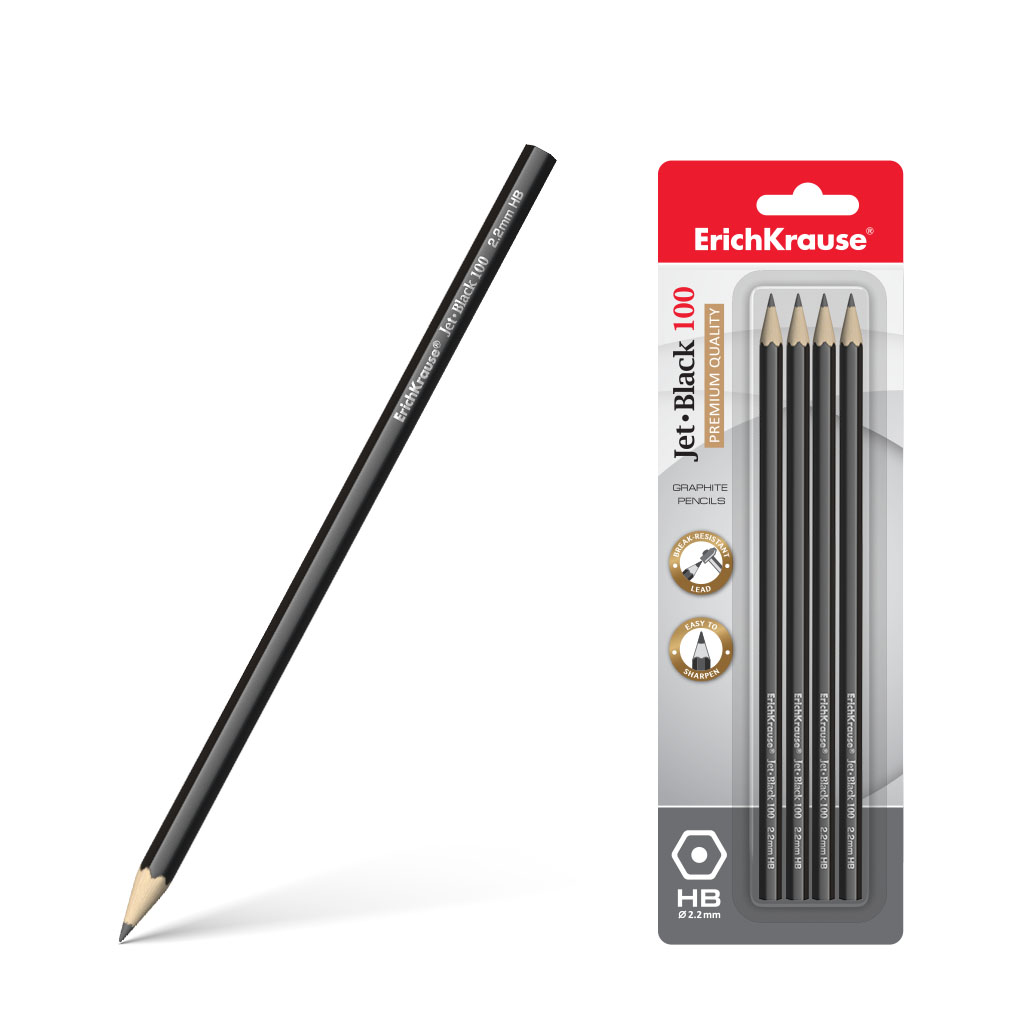 Чернографитный шестигранный карандаш ErichKrause® Jet Black 100 HB (в блистере по 4 шт.)