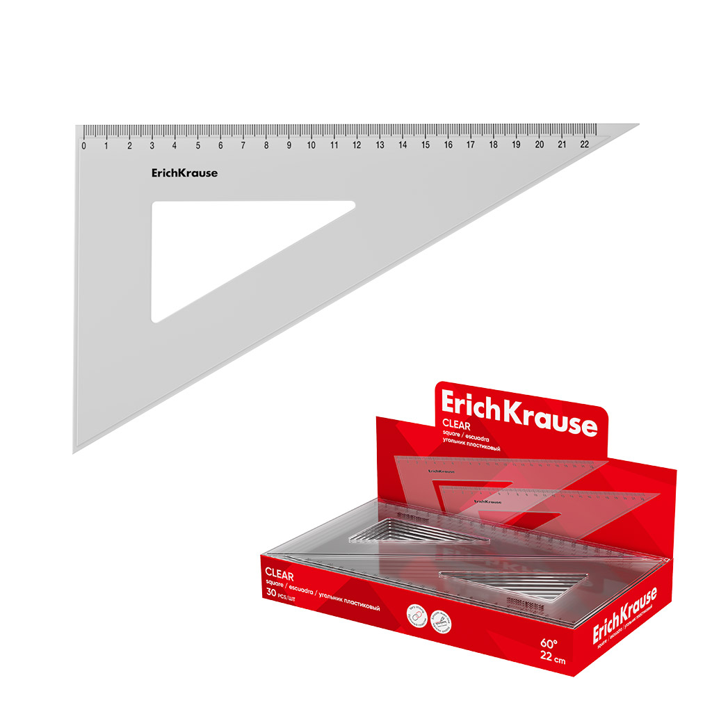 Угольник пластиковый ErichKrause Clear, 60°/22см, прозрачный (в коробке-дисплее по 30 шт)