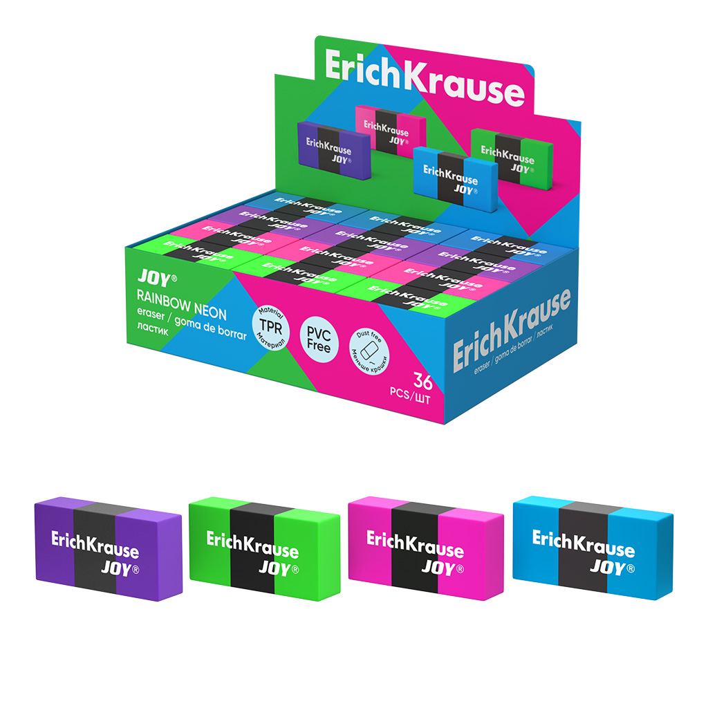 Ластик ErichKrause JOY® Rainbow Neon (в коробке по 36 шт.)