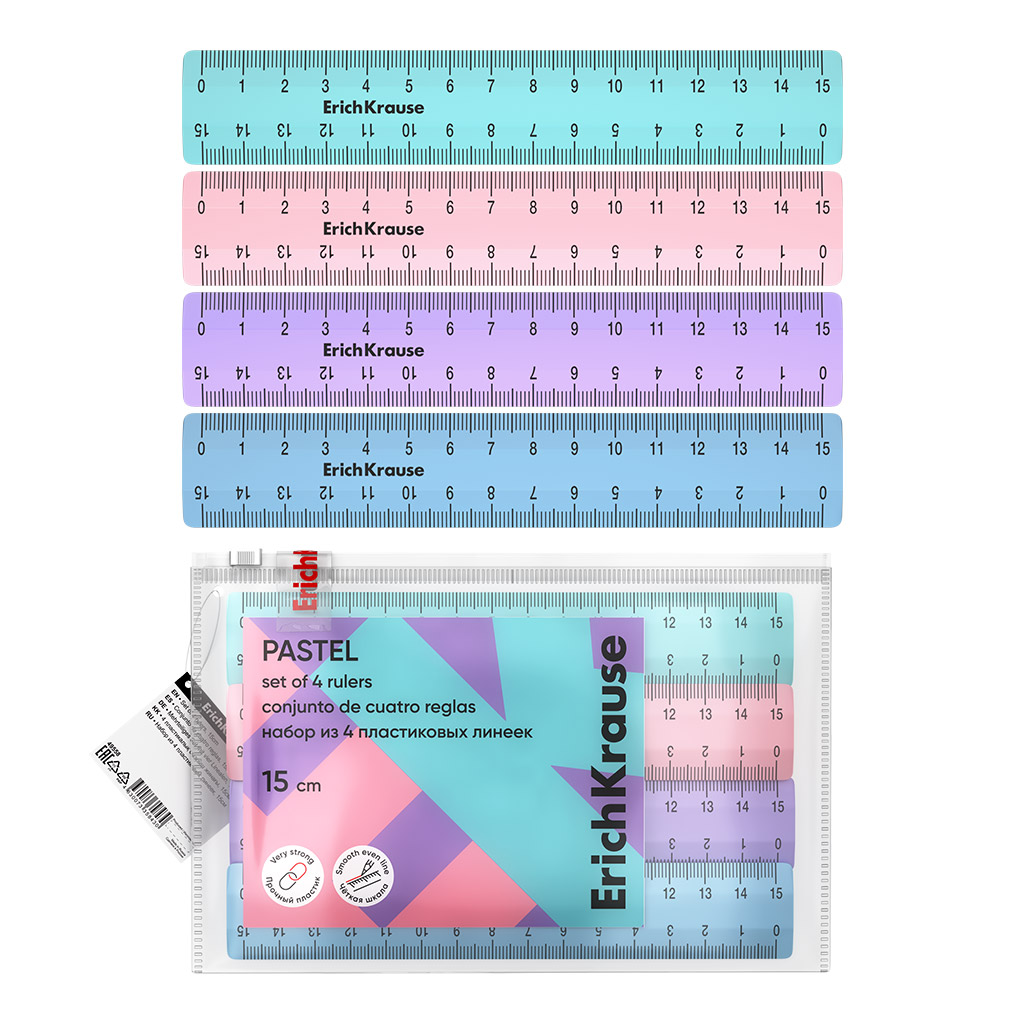 Набор из 4 пластиковых линеек ErichKrause Pastel, 15см, zip-пакет, ассорти (в пакете по 20 шт)