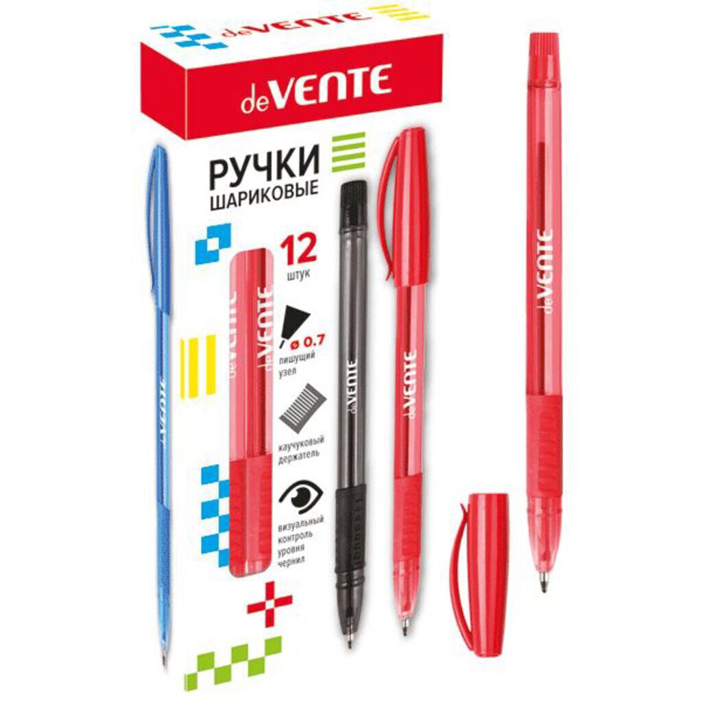 Ручка шар. deVENTE 0,7мм, с резиновым держателем, красная