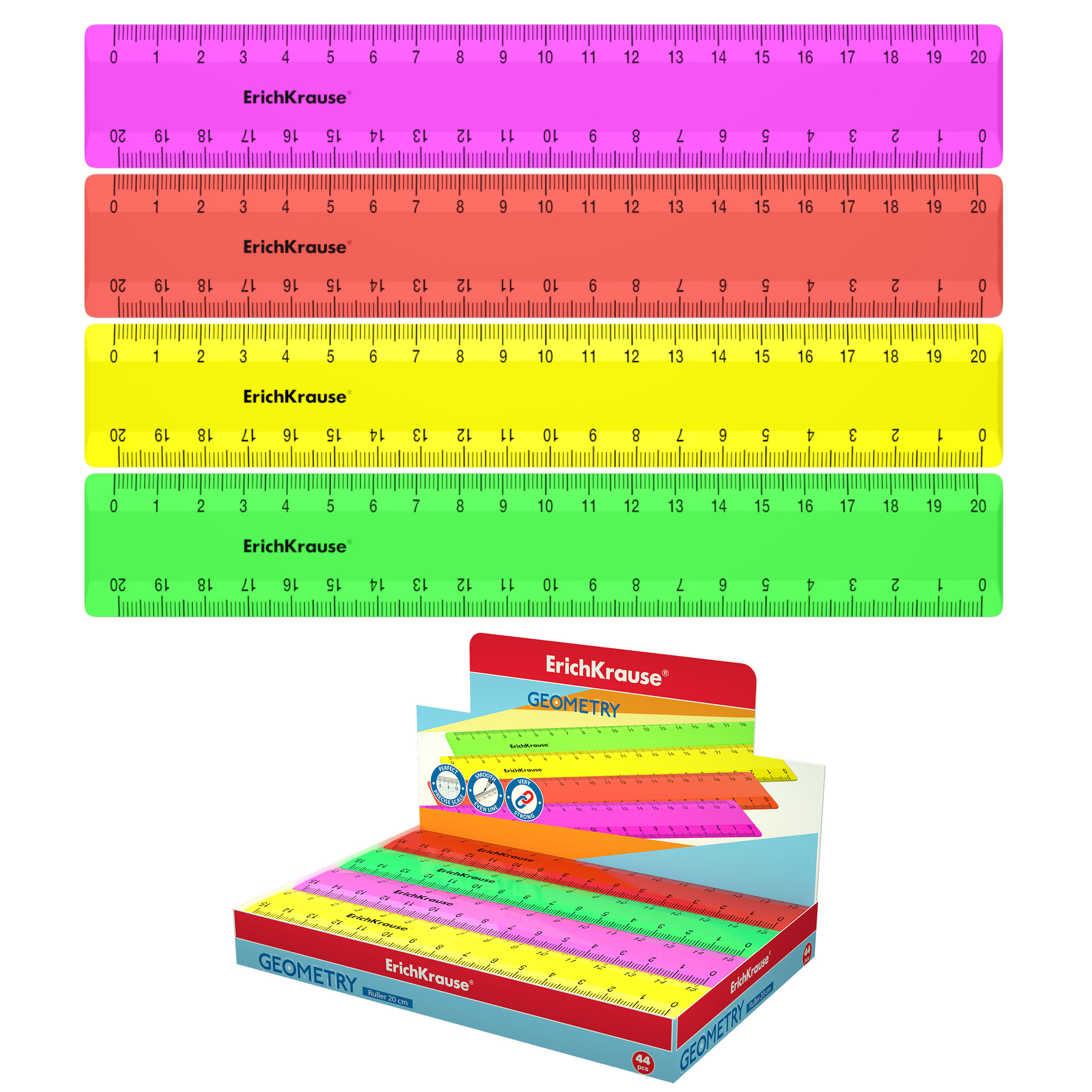 Линейка пластиковая ErichKrause Neon Solid, 20см, ассорти (в коробке-дисплее по 44 шт)