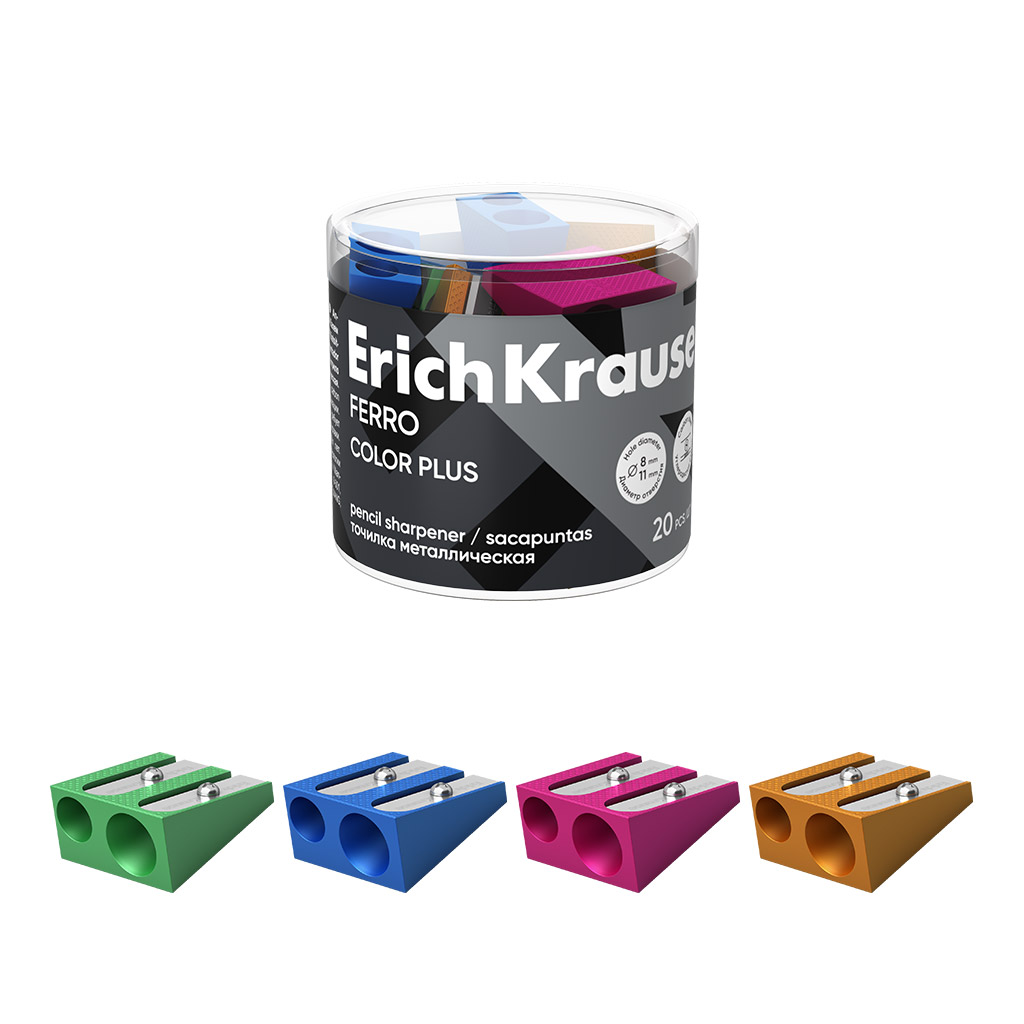 Точилка металлическая ErichKrause Ferro Color Plus, ассорти (в тубусе по 20 шт)