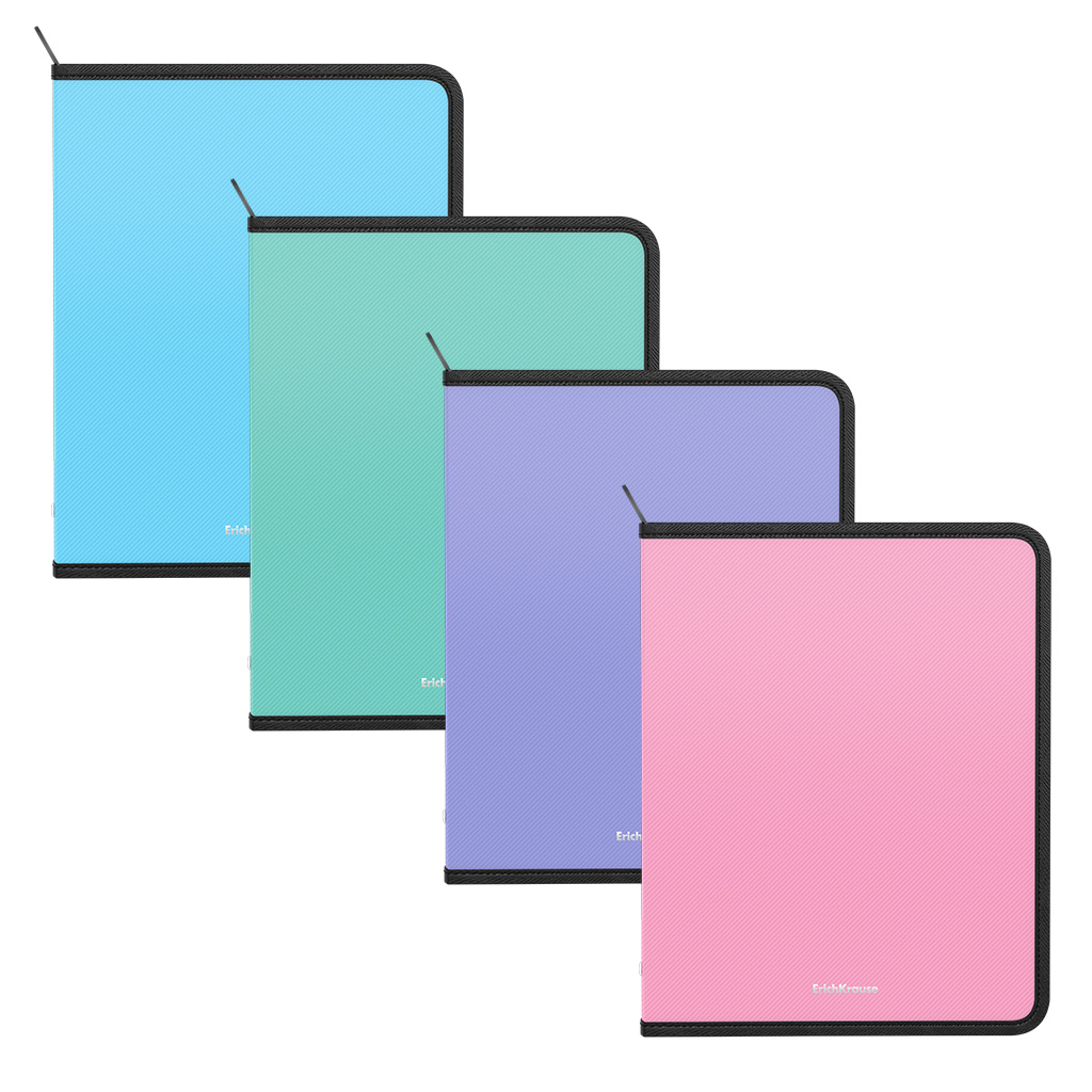 Папка для тетрадей на молнии пластиковая ErichKrause Diagonal Pastel, A5+, ассорти (в пакете по 4 шт.)