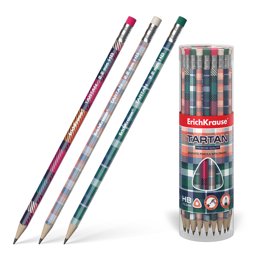 Чернографитный карандаш ErichKrause Tartan, трехгранный, с ластиком, HB (в тубусе по 42 шт.)