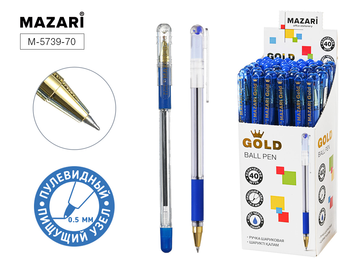 Ручка шар. MAZARI "Gold" синяя, пулевидн.након., 0,5мм, смен.стерж. 140мм