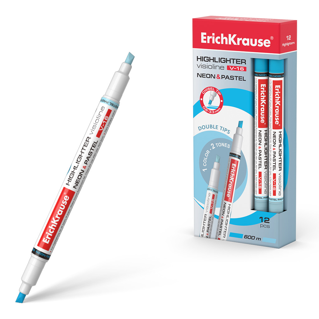 Двухсторонний текстмаркер ErichKrause Visioline V-16 Neon+Pastel, цвет чернил голубой (в коробке по 12 шт.)