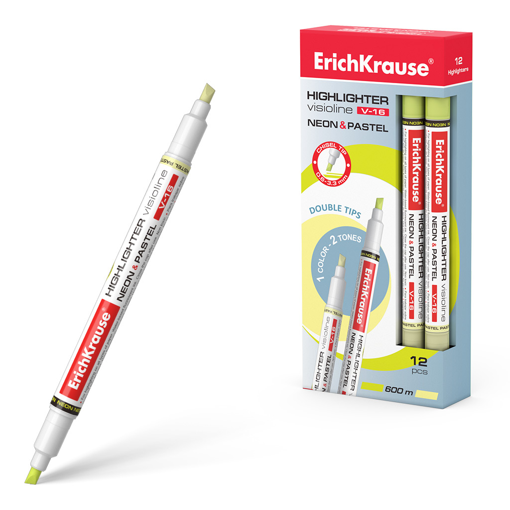 Двухсторонний текстмаркер ErichKrause Visioline V-16 Neon+Pastel, цвет чернил желтый (в коробке по 12 шт.)