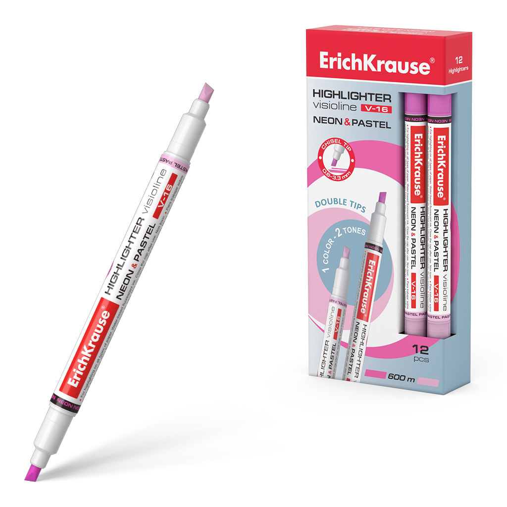Двухсторонний текстмаркер ErichKrause Visioline V-16 Neon+Pastel, цвет чернил розовый (в коробке по 12 шт.)