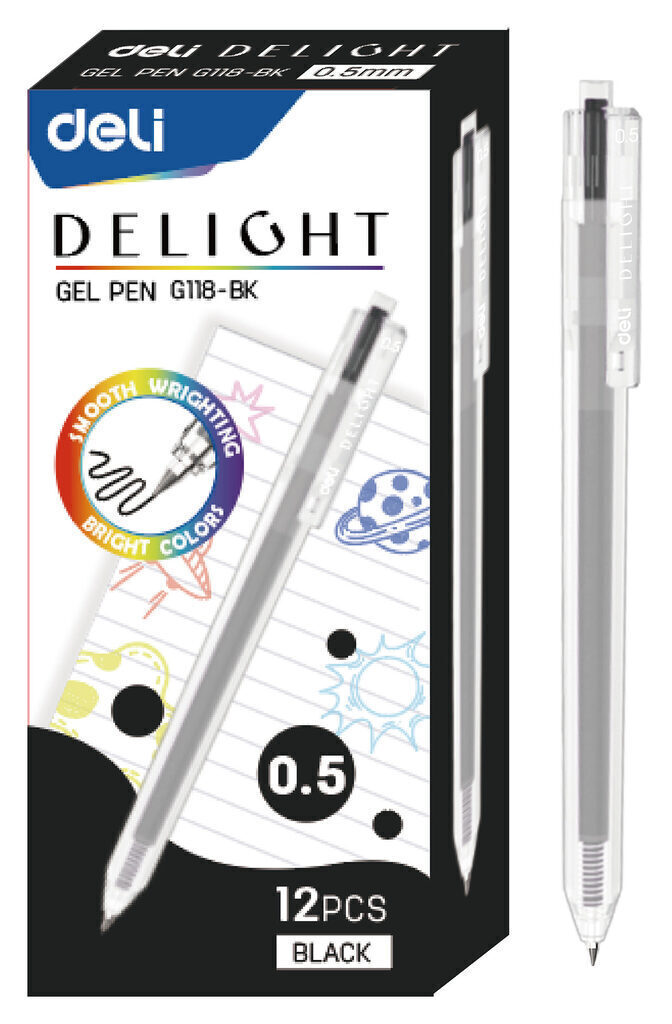 Ручка гелевая Deli Delight   0,5мм черная, прозрачный корпус