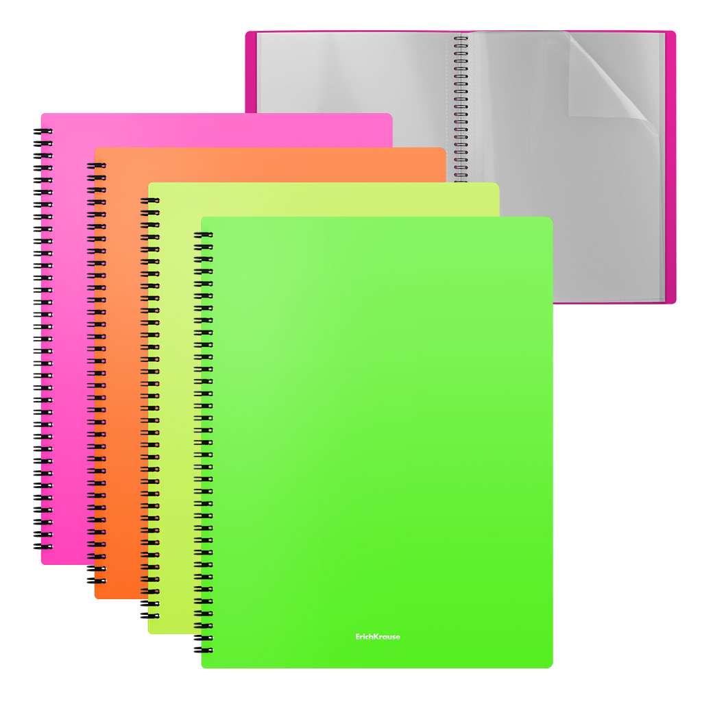 Папка файловая пластиковая на спирали ErichKrause Matt Neon, с 40 прозрачными карманами, A4, ассорти (в пакете по 4 шт.)