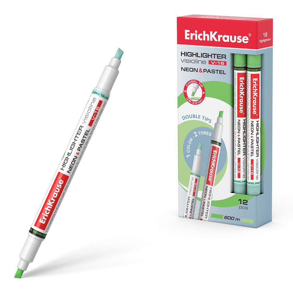 Двухсторонний текстмаркер ErichKrause Visioline V-16 Neon+Pastel, цвет чернил зеленый (в коробке по 12 шт.)