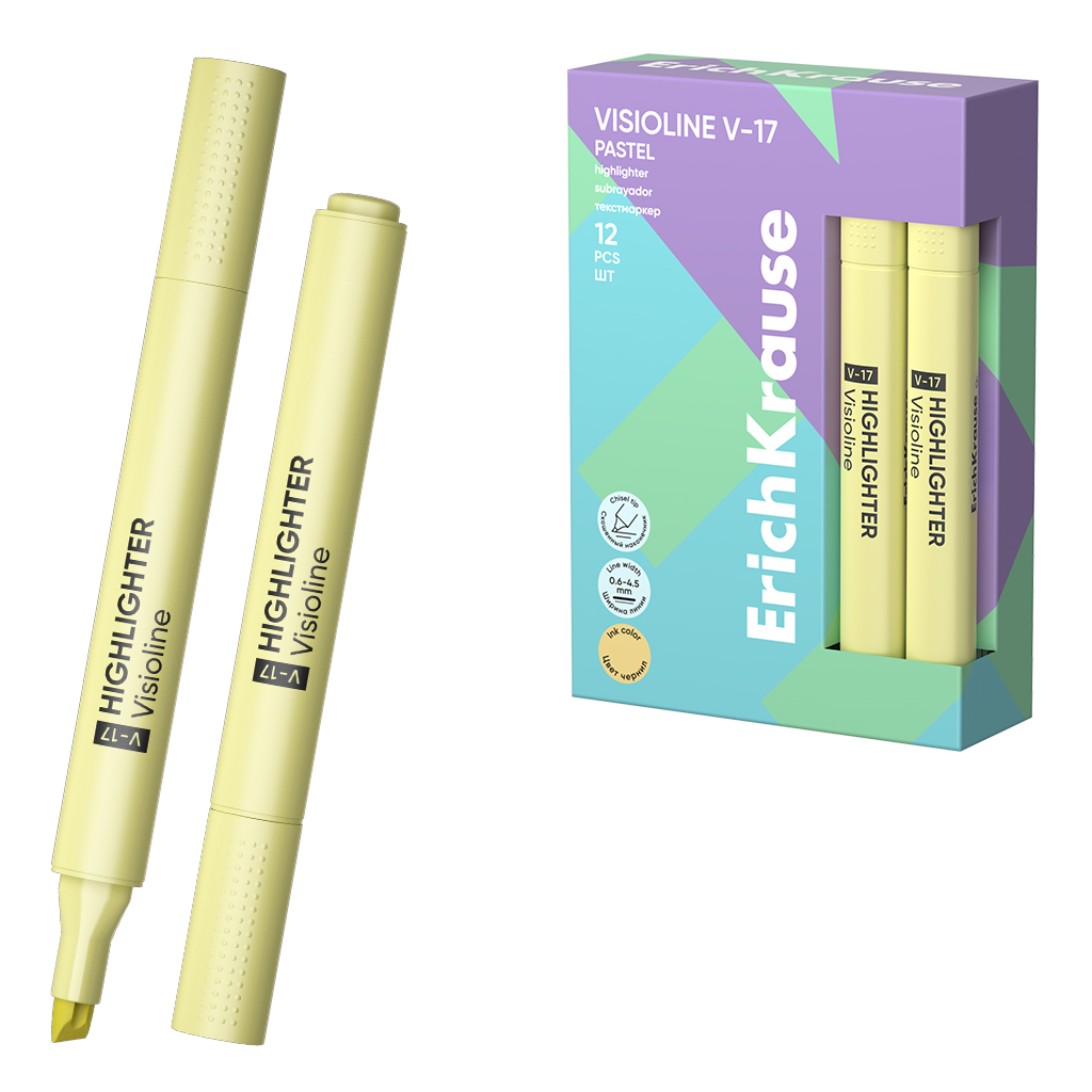 Текстмаркер ErichKrause Visioline V-17 Pastel, цвет чернил желтый (в коробке по 12 шт.)