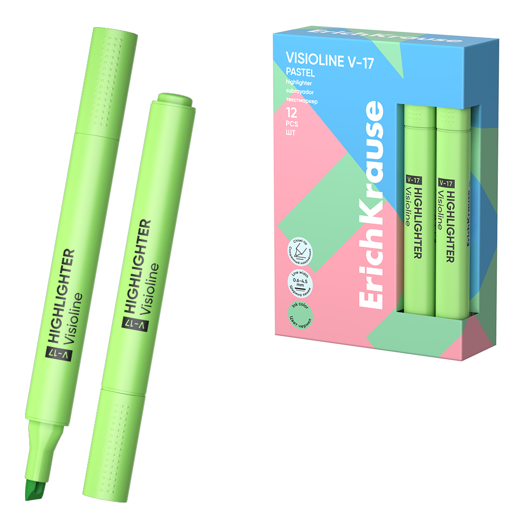 Текстмаркер ErichKrause Visioline V-17 Pastel, цвет чернил зеленый (в коробке по 12 шт.)