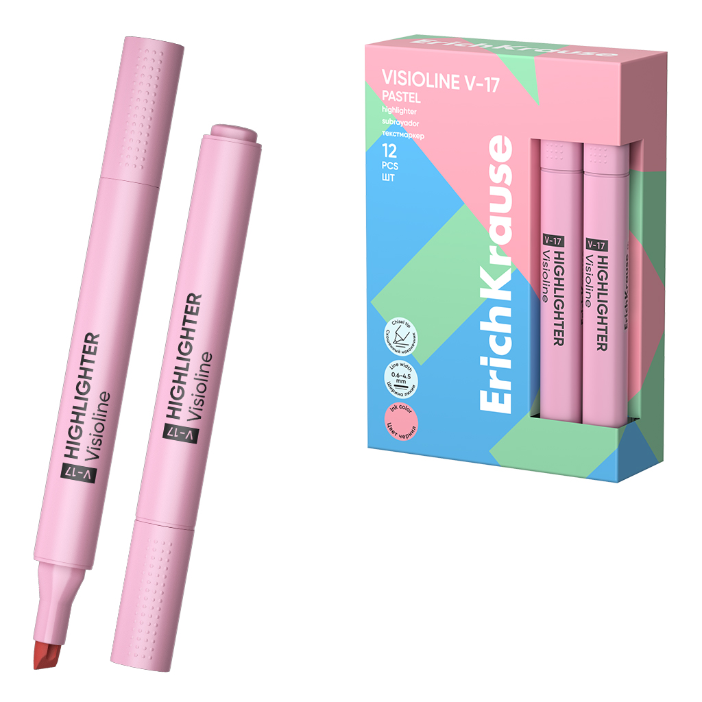 Текстмаркер ErichKrause Visioline V-17 Pastel, цвет чернил розовый (в коробке по 12 шт.)