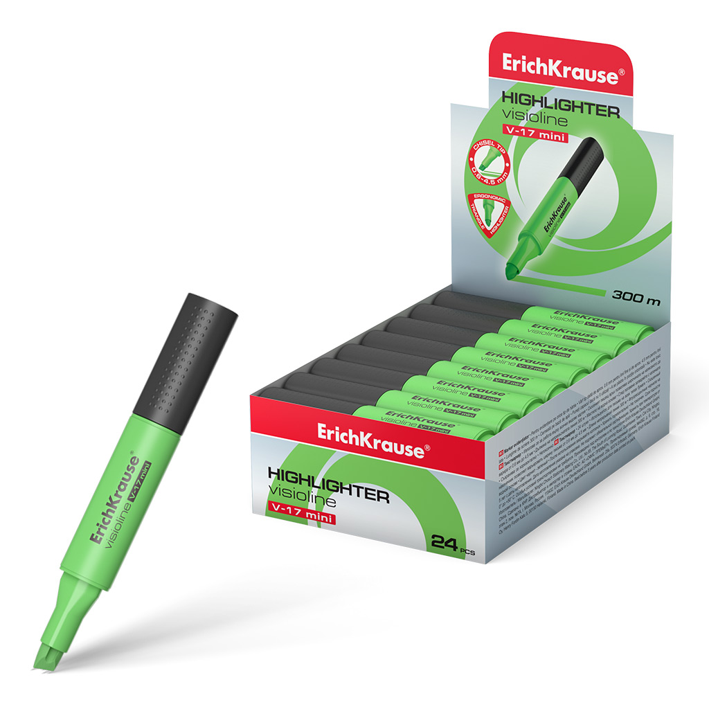 Текстмаркер ErichKrause Visioline V-17 Mini Neon, цвет чернил зеленый (в коробке-дисплее 24 шт.)