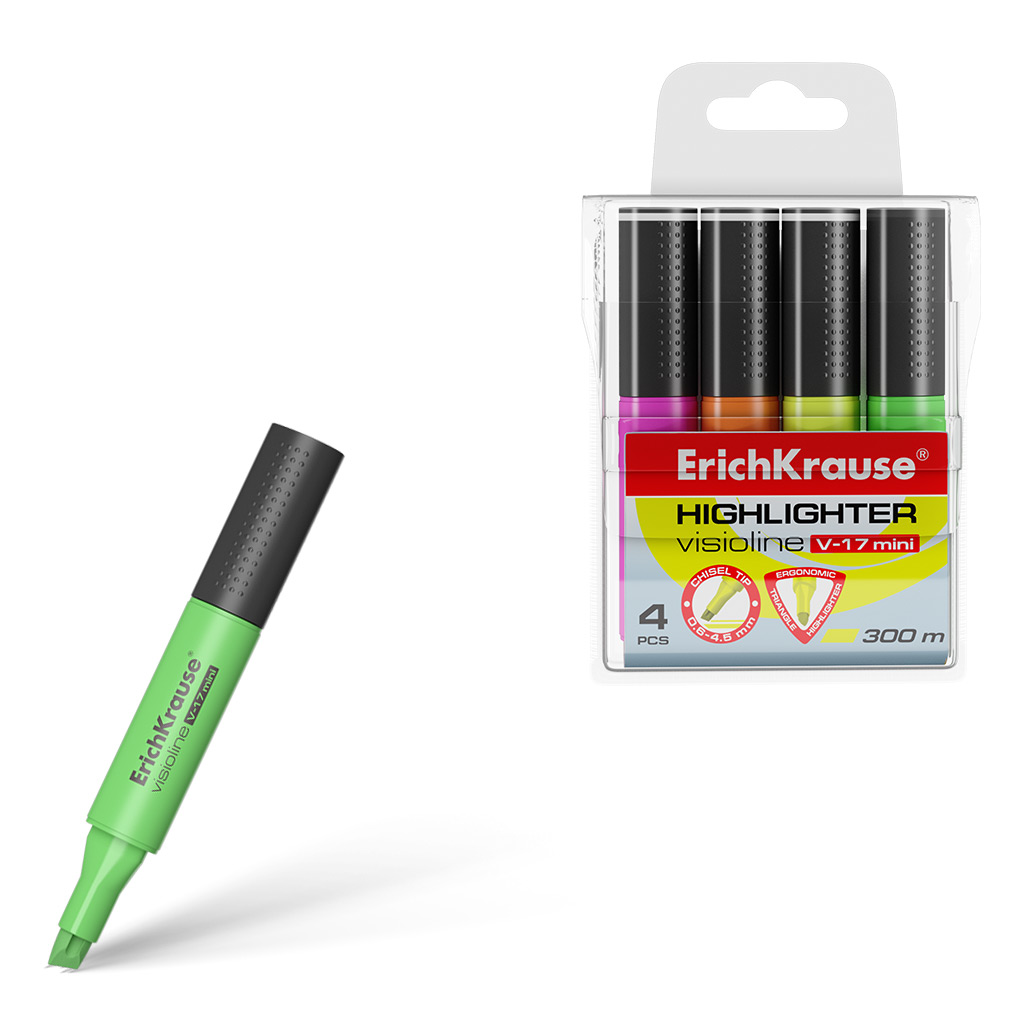 Набор из 4 текстмаркеров ErichKrause Visioline V-17 Mini Neon, цвет чернил: желтый, зеленый, розовый, оранжевый (в пвх-воллете)