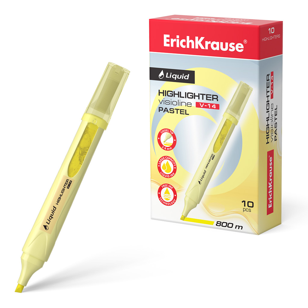 Текстмаркер с жидкими чернилами ErichKrause Visioline V-14 Liquid Pastel, цвет чернил желтый (в коробке по 10 шт.)