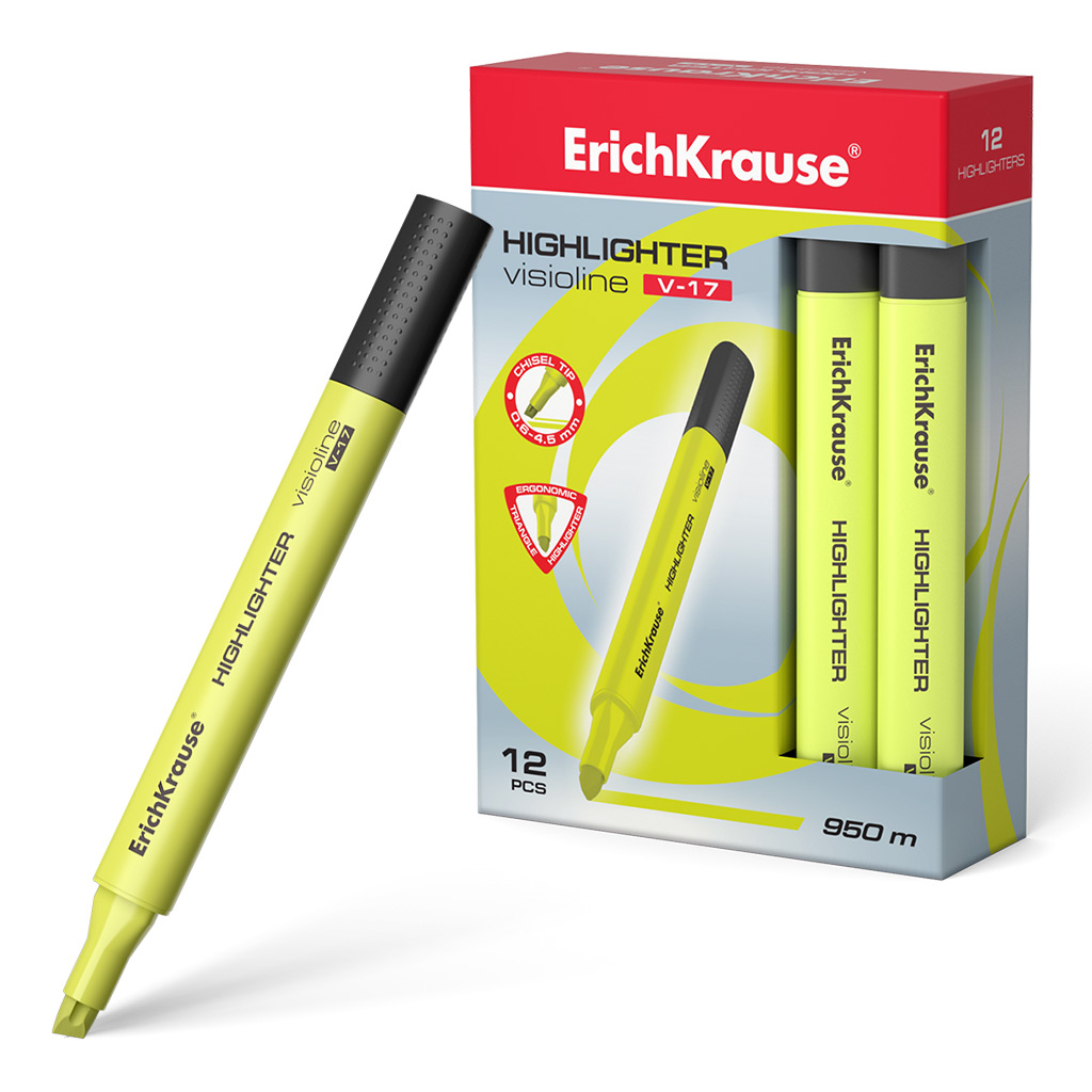 Текстмаркер ErichKrause Visioline V-17 Neon, цвет чернил желтый (в коробке по 12 шт.)