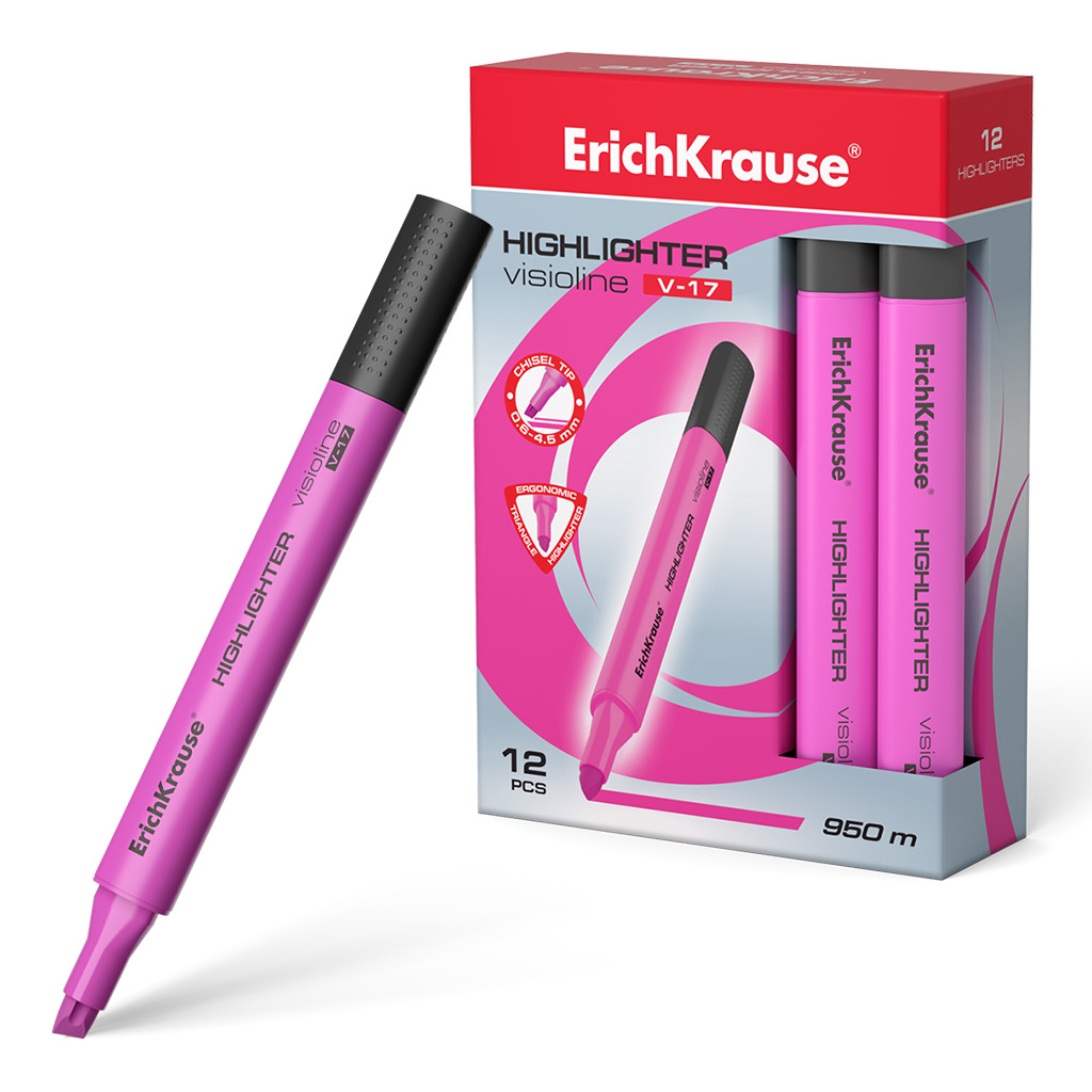 Текстмаркер ErichKrause Visioline V-17 Neon, цвет чернил розовый (в коробке по 12 шт.)