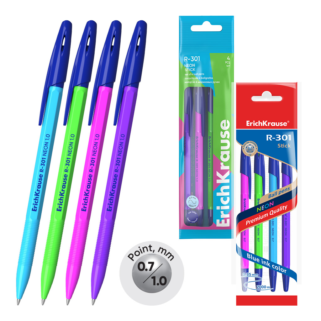 Набор из 4 ручек шариковых ErichKrause R-301 Stick Neon 1.0, цвет чернил синий (в пакете)