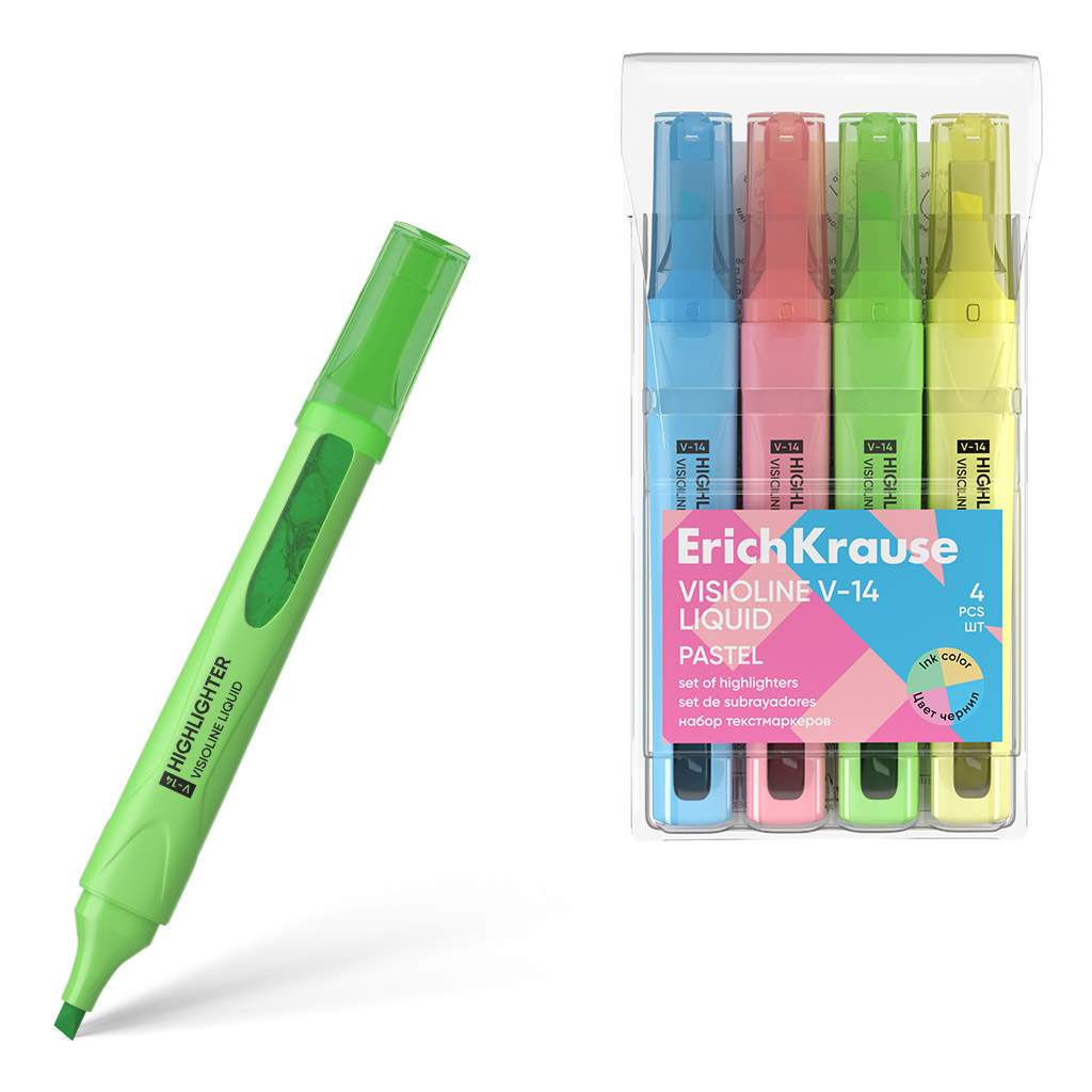 Набор из 4 текстмаркеров с жидкими чернилами ErichKrause Visioline V-14 Liquid Pastel, цвет чернил ассорти (в пвх-воллете)