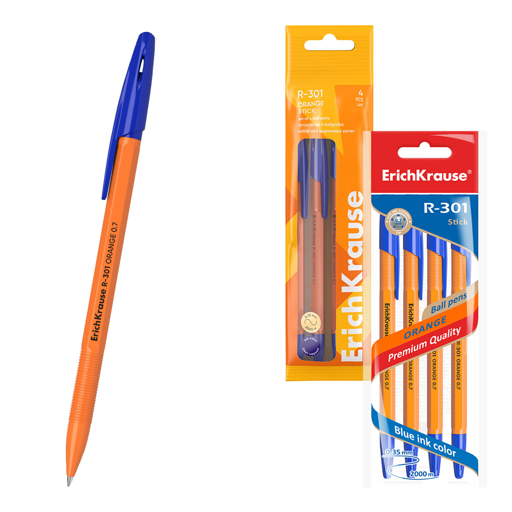 Набор из 4 ручек шариковых ErichKrause R-301 Stick Orange 0.7, цвет чернил синий (в пакете)