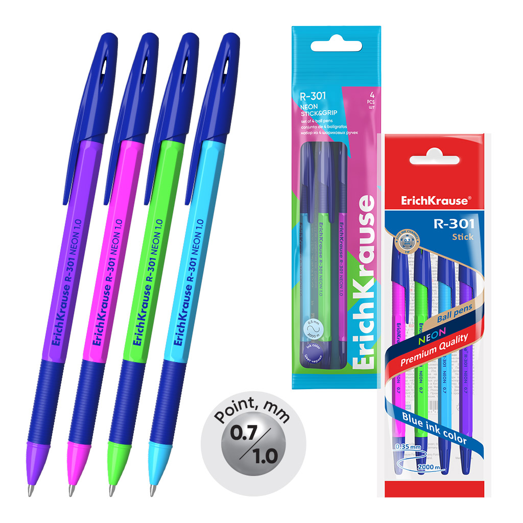 Набор из 4 ручек шариковых ErichKrause R-301 Stick&Grip Neon 1.0, цвет чернил синий (в пакете)