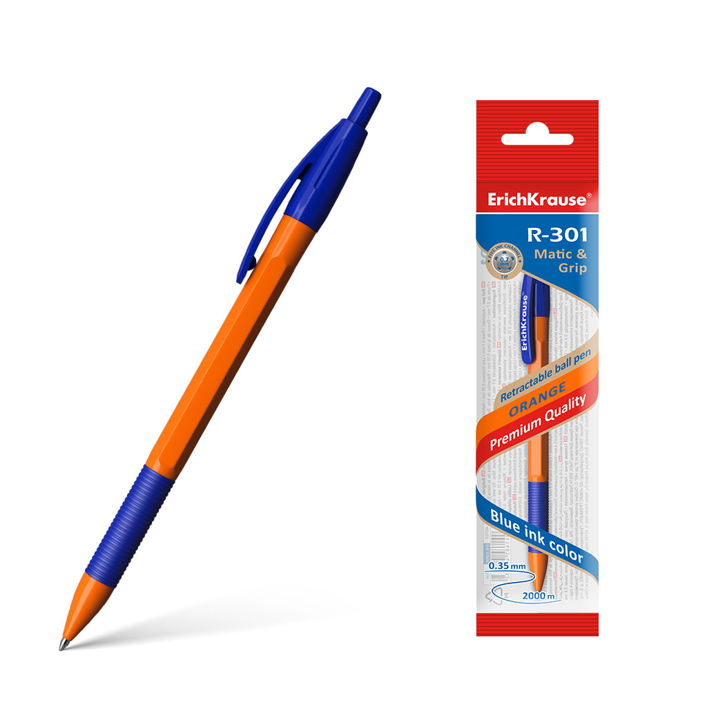 Ручка шариковая автоматическая ErichKrause R-301 Matic&Grip Orange 0.7, цвет чернил синий (в пакете по 1 шт.)