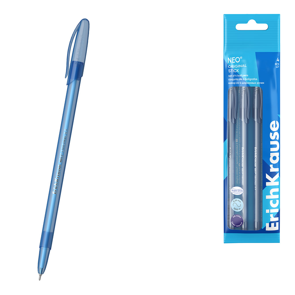 Набор из 4 ручек шариковых ErichKrause Neo® Stick Original 0.7, Super Glide Technology, цвет чернил синий (в пакете)