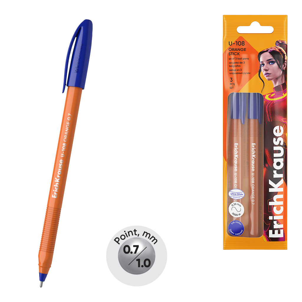 Набор из 3 ручек шариковых ErichKrause U-108 Stick Orange 0.7, Ultra Glide Technology, цвет чернил синий (в пакете)