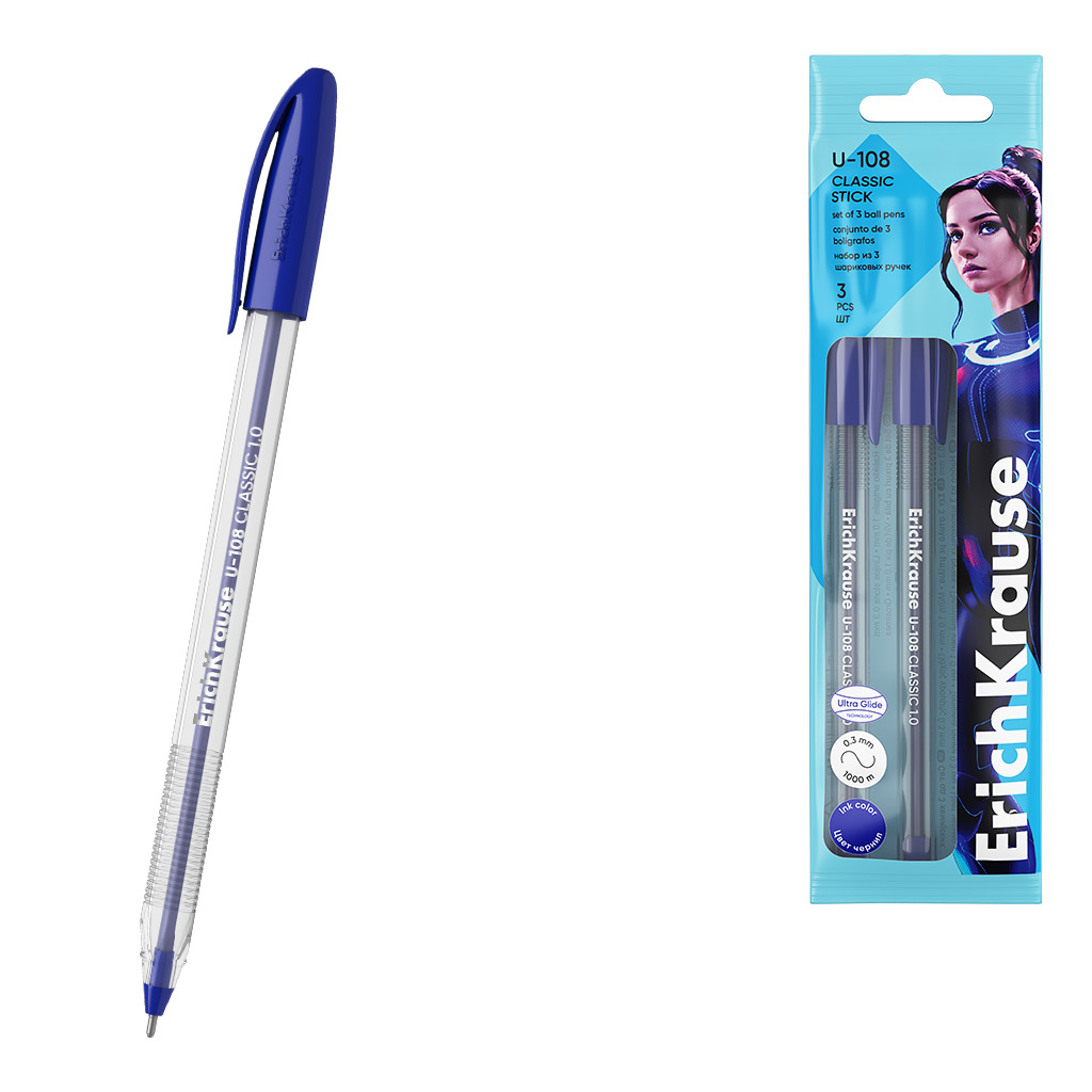Набор из 3 ручек шариковых ErichKrause U-108 Stick Classic 1.0, Ultra Glide Technology, цвет чернил синий (в пакете)
