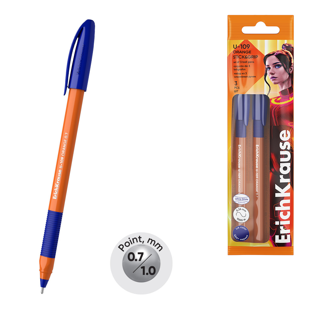 Набор из 3 ручек шариковых ErichKrause U-109 Stick&Grip Orange 0.7, Ultra Glide Technology, цвет чернил синий (в пакете)