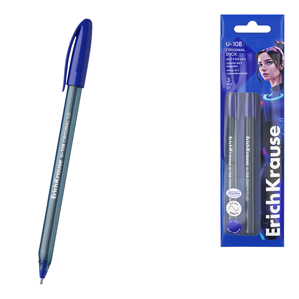 Набор из 3 ручек шариковых ErichKrause U-108 Stick Original 1.0, Ultra Glide Technology, цвет чернил синий (в пакете)