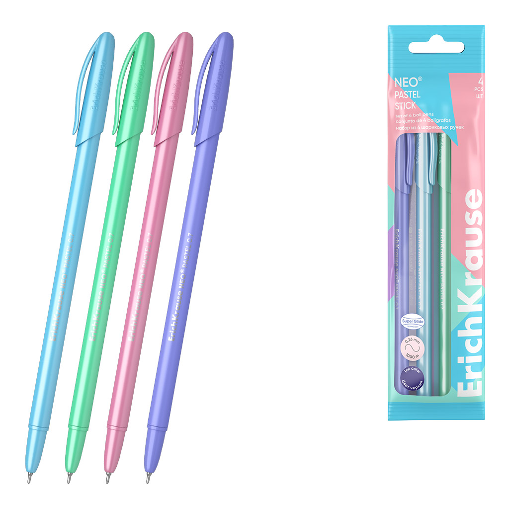 Набор из 4 ручек шариковых ErichKrause Neo® Stick Pastel 0.7, Super Glide Technology, цвет чернил синий (в пакете)
