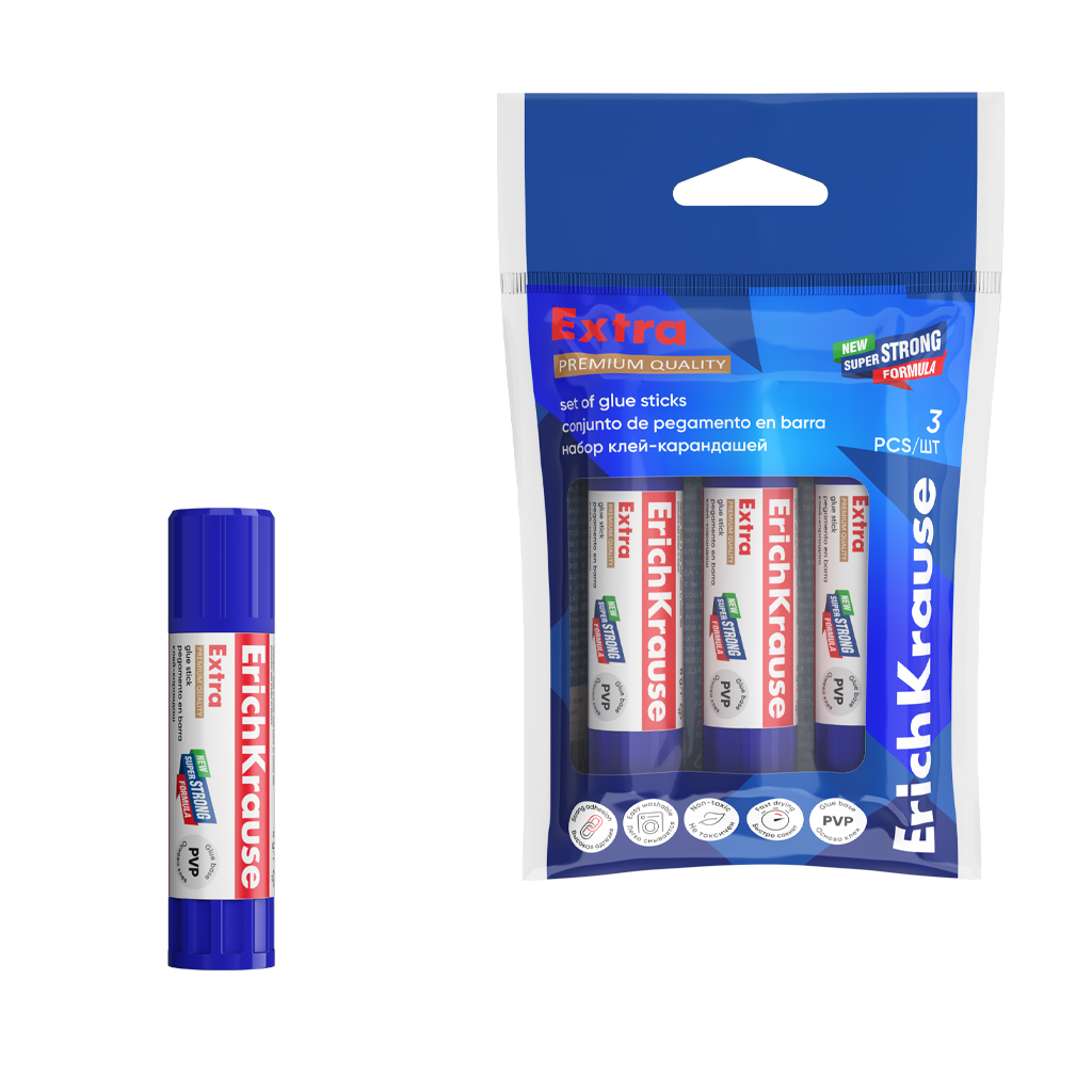 Набор 3 клея-карандаша ErichKrause Extra, 8г (в пакете)
