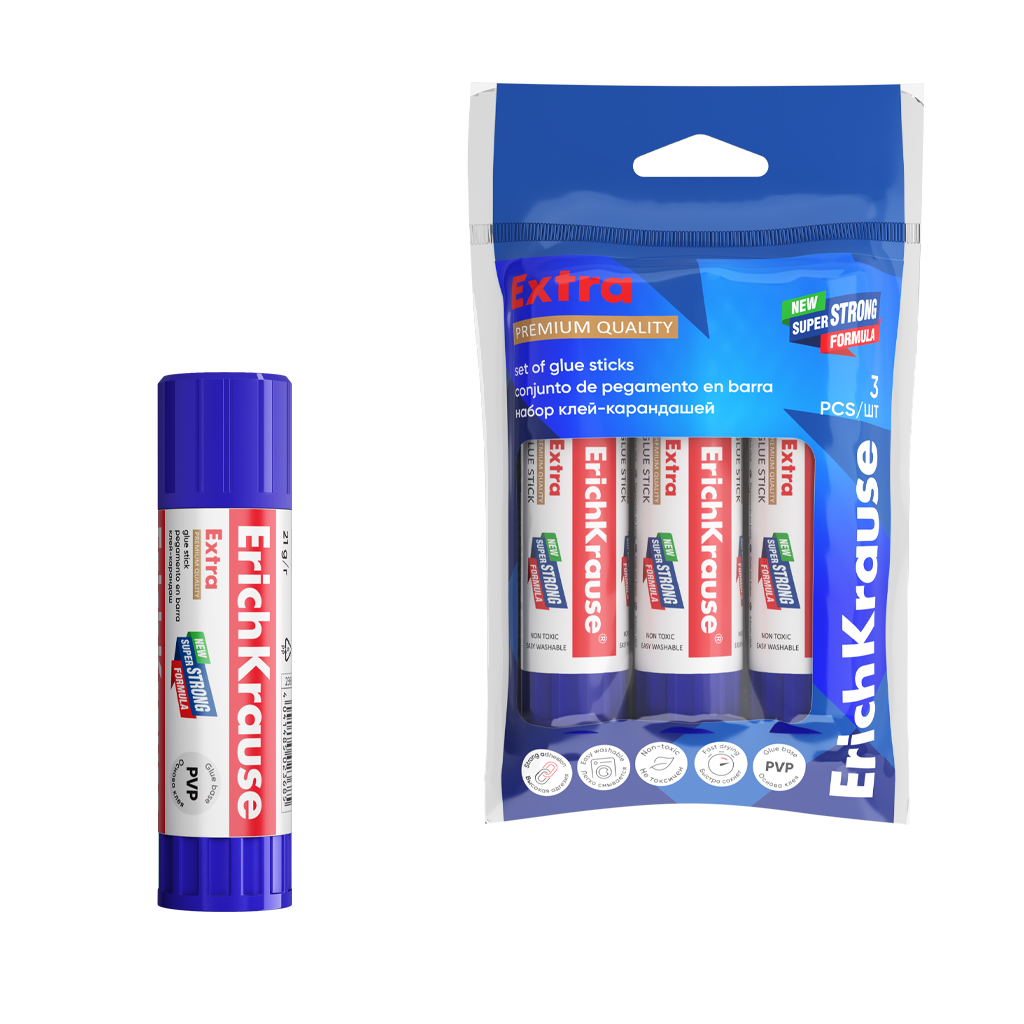 Набор 3 клея-карандаша ErichKrause Extra, 21г (в пакете)