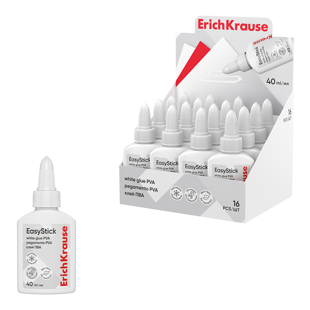 Клей ПВА ErichKrause EasyStick, 40мл (в дисплее по 16 шт.)