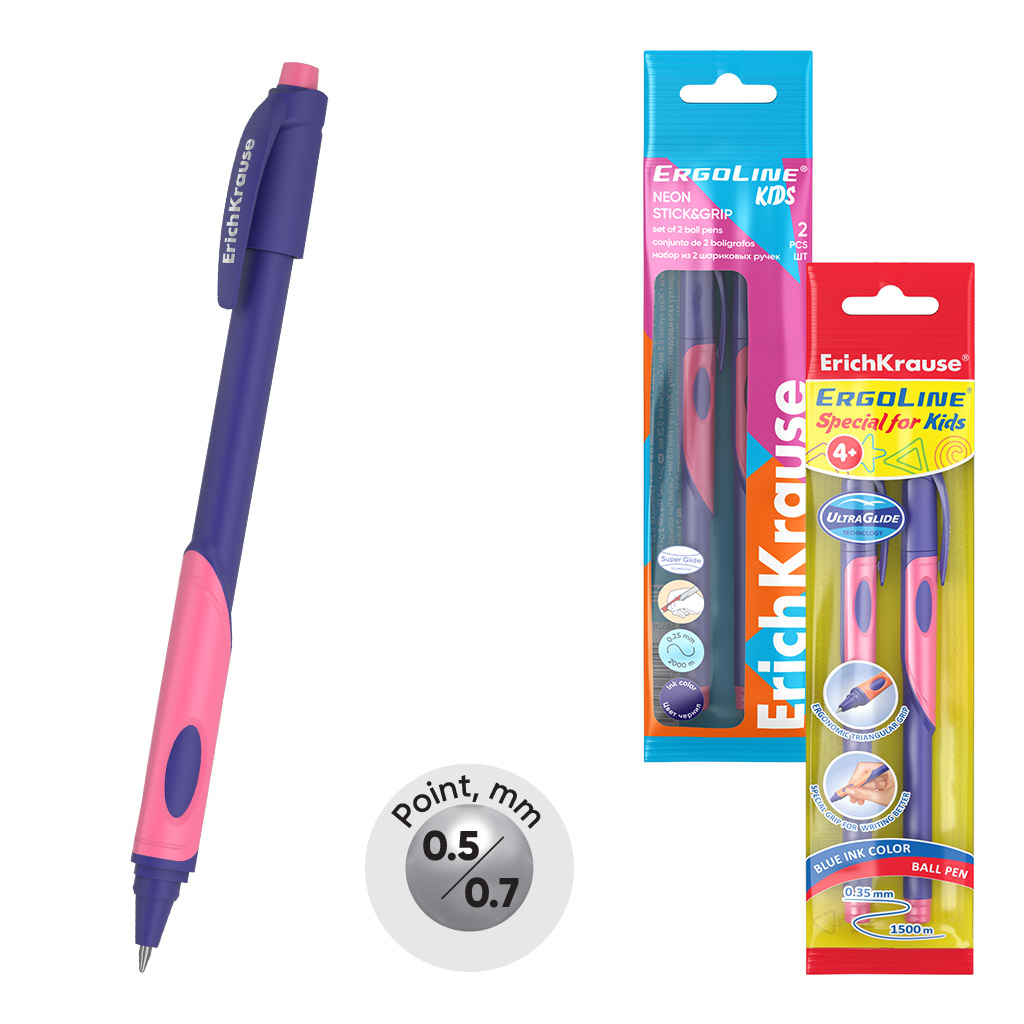 Набор из 2 ручек шариковых ErichKrause ErgoLine® Kids Stick&Grip Neon 0.5, Super Glide Technology, цвет чернил синий, розов грип (в пакете)
