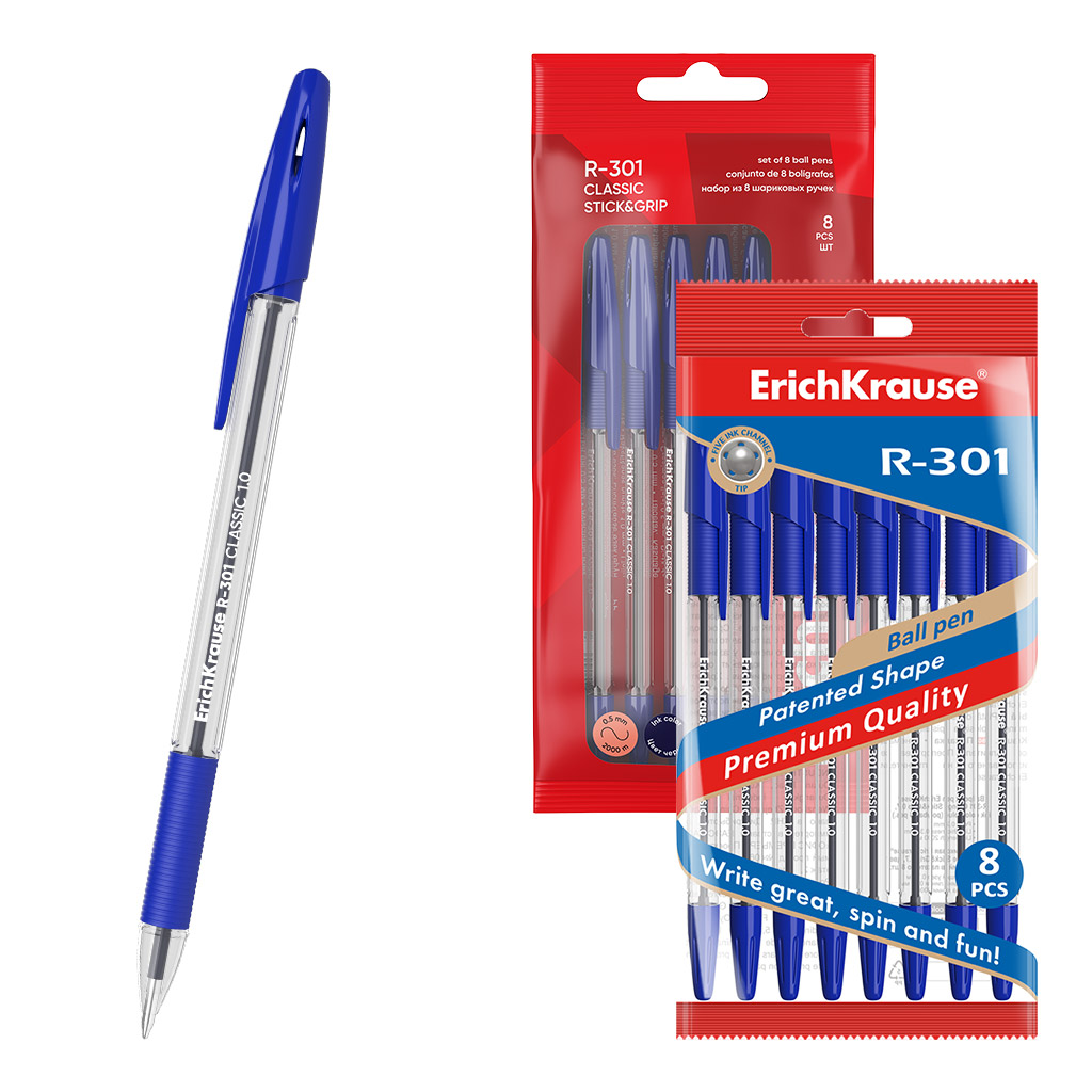 Набор из 8 ручек шариковых ErichKrause R-301 Stick&Grip Classic 1.0, цвет чернил синий (в пакете)