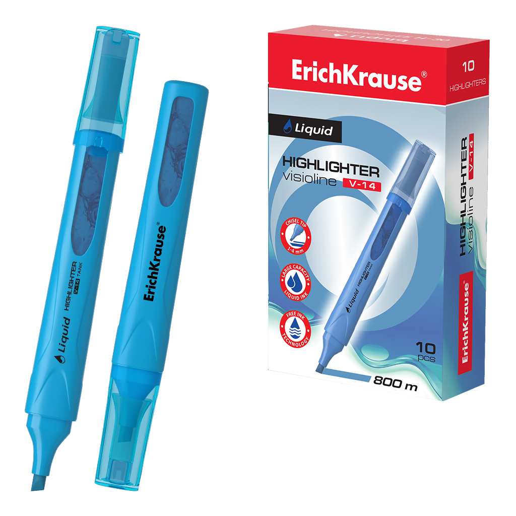 Текстмаркер с жидкими чернилами ErichKrause Visioline V-14 Liquid Neon, цвет чернил голубой (в коробке по 10 шт.)