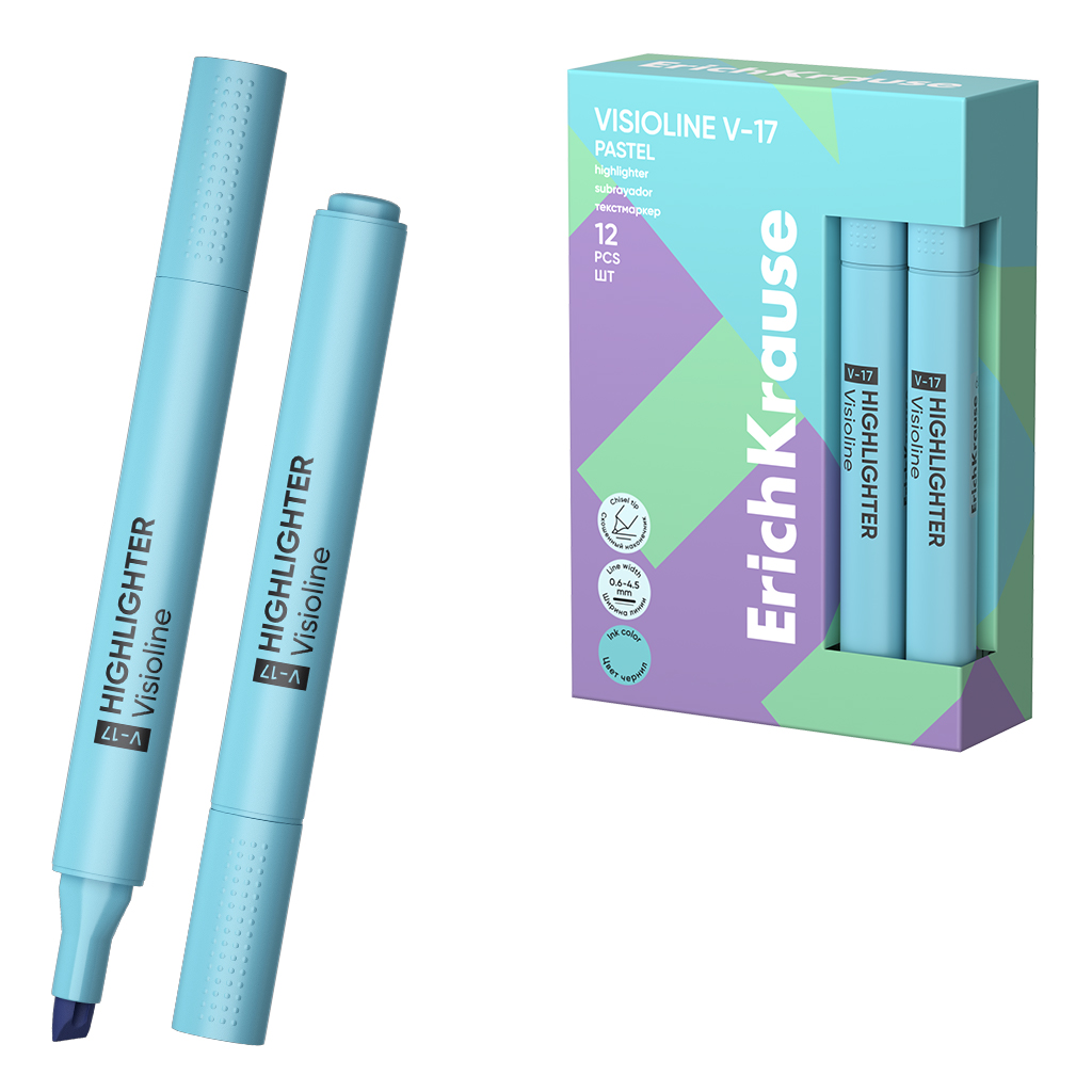 Текстмаркер ErichKrause Visioline V-17 Pastel, цвет чернил голубой (в коробке по 12 шт.)