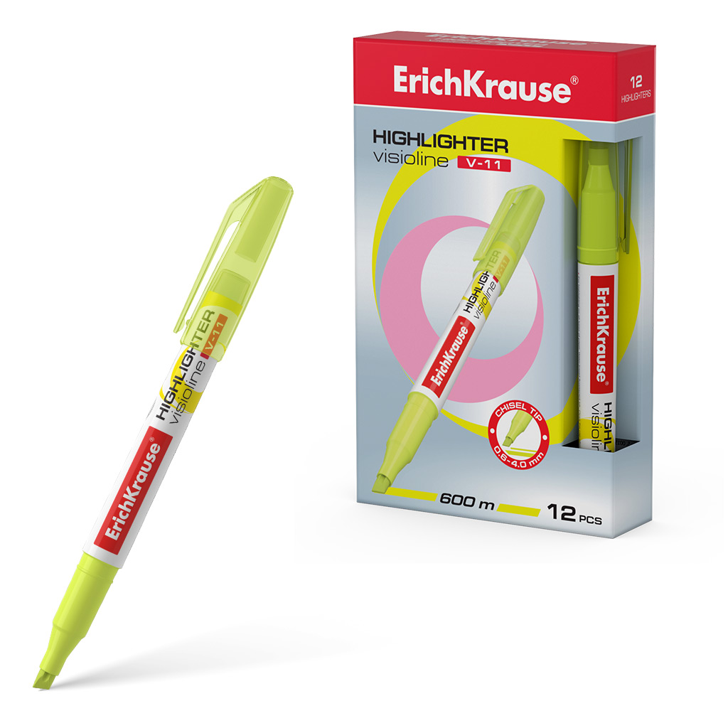 Текстмаркер ErichKrause Visioline V-11 Neon, цвет чернил желтый (в коробке по 12 шт.)