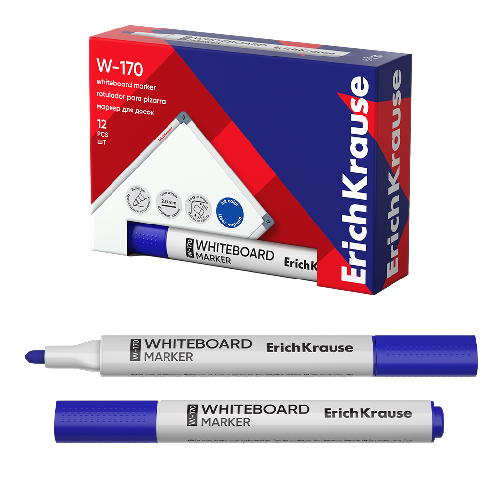 Маркер для досок ErichKrause W-170, цвет чернил синий (в коробке по 12 шт.)