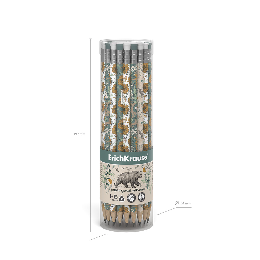 Чернографитный карандаш ErichKrause Natural Life, трехгранный, с ластиком, HB (в тубусе по 42 шт.)